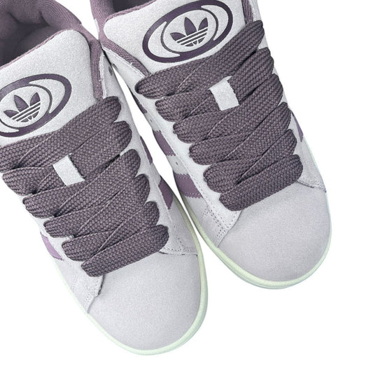 Luxury Chef Adidas Campus sneakers in light purple suede with darker purple laces and Adidas logo.