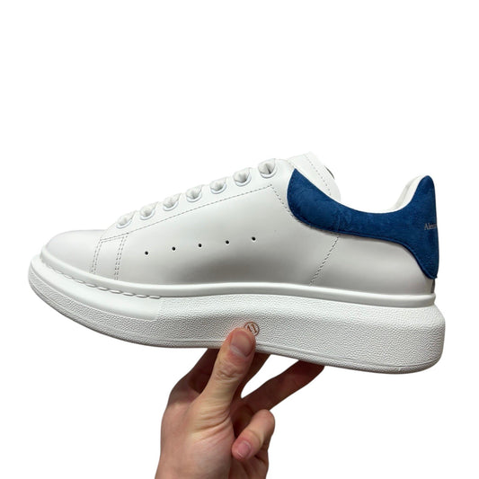 Luxury Chef white leather sneakers with blue suede heel tab and matching blue suede accent on the side. Classic chunky sole.