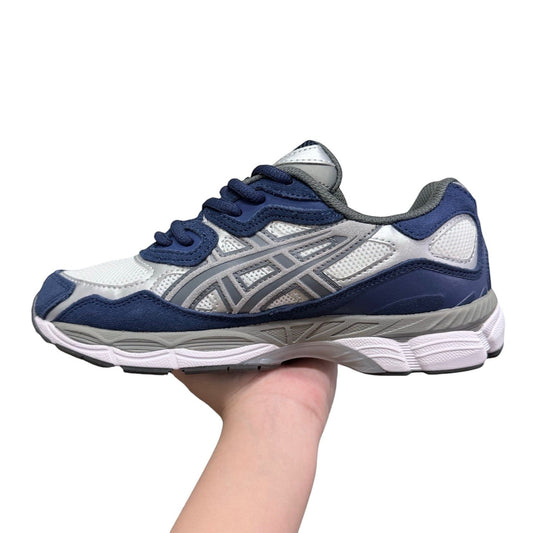 Luxury Chef ASICS GEL-NYC navy blue and grey suede and mesh athletic sneakers.