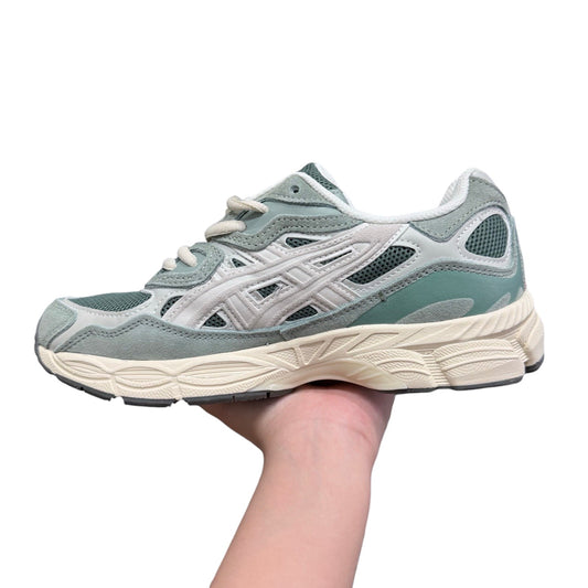 Luxury Chef ASICS GEL-NYC men's sneakers in sage green and cream with white accents and mesh panels.