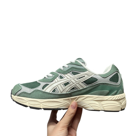 Luxury Chef ASICS GEL-NYC sneakers in sage green and cream with white accents. Suede and mesh upper.