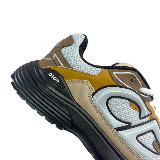 Luxury Chef DIOR B30 sneakers with tan, brown, grey, and white panels. Features a chunky black sole and mesh detailing.