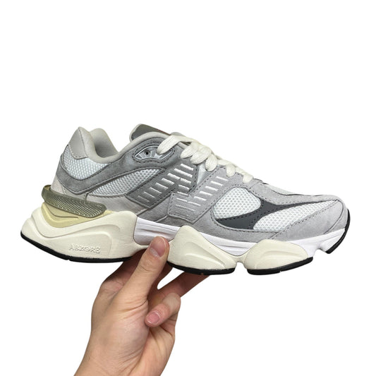 Luxury Chef New Balance 9060 grey suede and mesh sneakers with chunky cream sole and white laces.