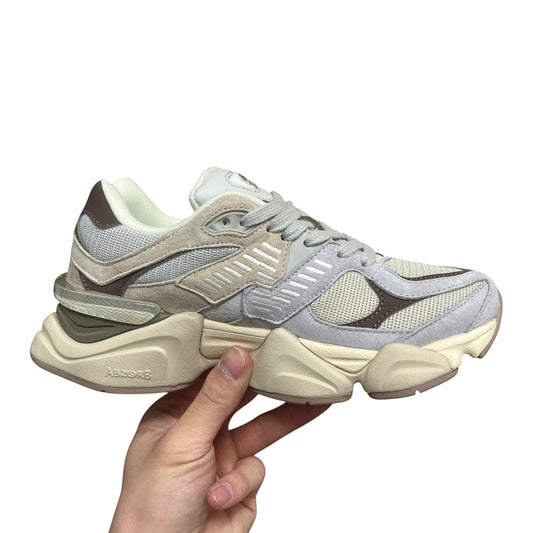 Luxury Chef NEW BALANCE 9060 sneakers in beige, grey, and brown suede and mesh with chunky sole.