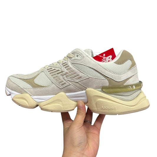 Luxury Chef New Balance 9060 cream and tan suede and mesh sneakers with ABZORB sole.