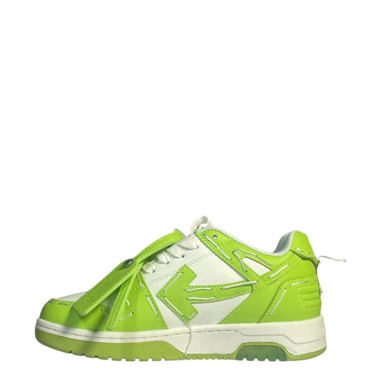 Luxury Chef Off-White Out of Office sneakers in white with bright lime green accents and stitching.