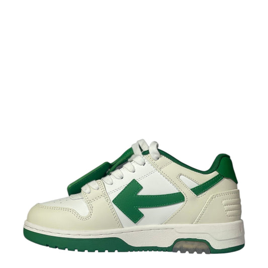 Luxury Chef Off-White Out of Office sneakers in cream leather with green accents and signature arrow logo.
