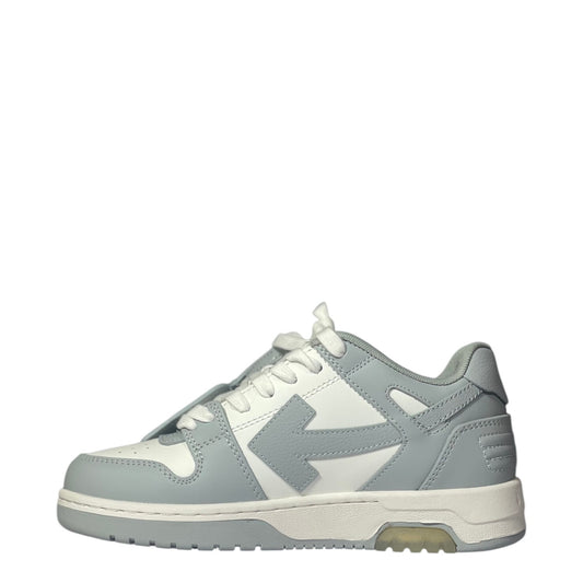 Luxury Chef Off-White Out of Office sneakers in white and light grey leather with signature arrow logo.