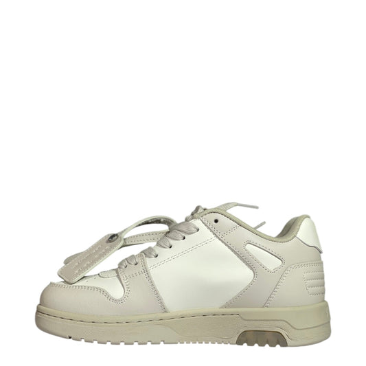 Luxury Chef OFF-WHITE OUT OF OFFICE white leather low-top sneakers with beige accents and signature tag.