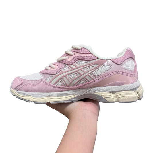 Luxury Chef pink suede and mesh athletic sneakers with white laces and cream soles.