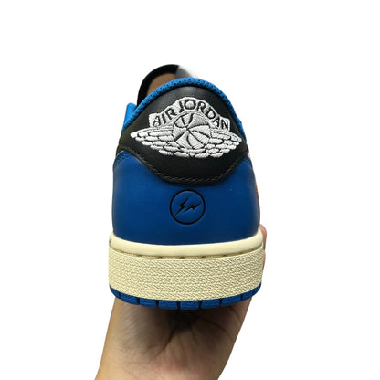 Luxury Chef Air Force 1 Travis Scott low-top sneakers in royal blue with black accents and Air Jordan logo.