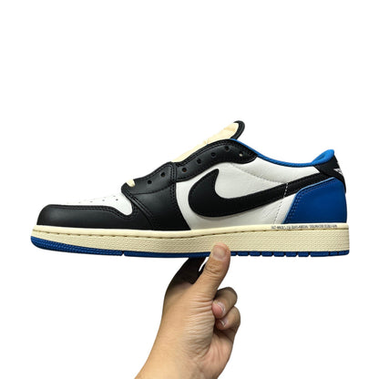 Luxury Chef Air Force 1 Travis Scott low-top sneakers in white, black, and royal blue leather with a cream sole.