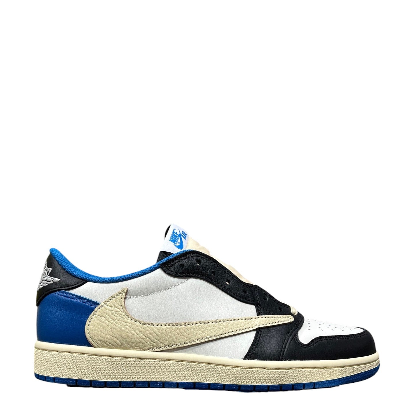 Luxury Chef Air Force 1 Travis Scott low-top sneakers in white, black, and blue with a cream-colored swoosh.