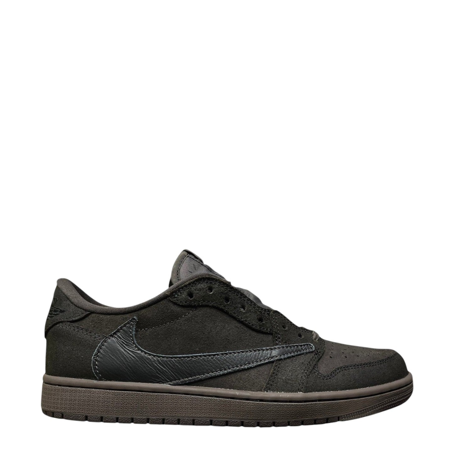 Luxury Chef Air Jordan 1 Low Travis Scott sneakers in dark brown suede with a black swoosh.