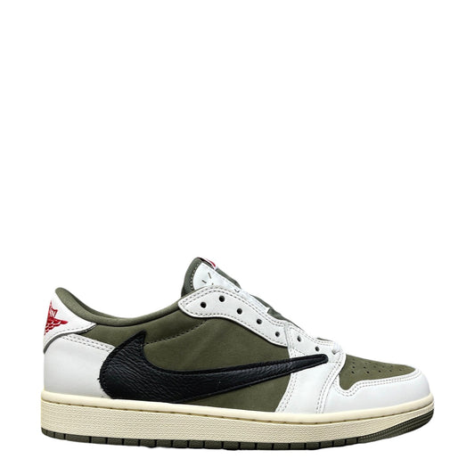 Luxury Chef Air Jordan 1 Low Travis Scott sneakers in olive green, white, and black with a distressed sole.