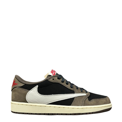 Luxury Chef Air Jordan 1 Low Travis Scott sneakers in brown, black, and white with a white swoosh.