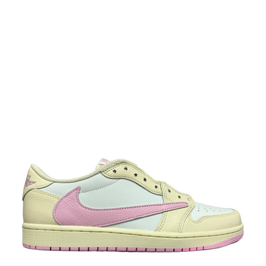 Luxury Chef Air Jordan 1 Low Travis Scott sneakers with white leather, cream overlays, and pink accents.