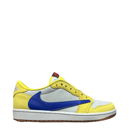 Luxury Chef Air Jordan 1 Low Travis Scott sneakers in yellow and white leather with a blue swoosh.