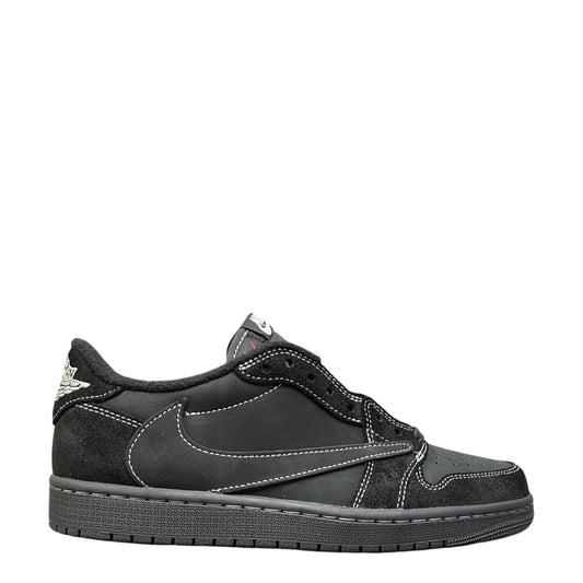 Luxury Chef Air Jordan 1 Travis Scott low-top sneakers in black suede and leather with white contrast stitching.