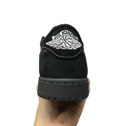 Luxury Chef Air Jordan 1 Travis Scott black suede low-top sneakers with white embroidered logo.