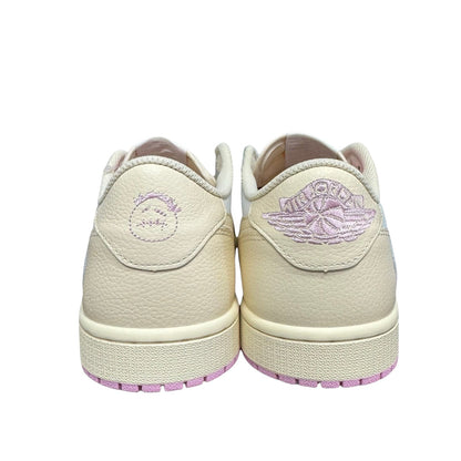 Luxury Chef Air Jordan 1 Travis Scott low-top sneakers in cream leather with pink accents and embroidered logos.