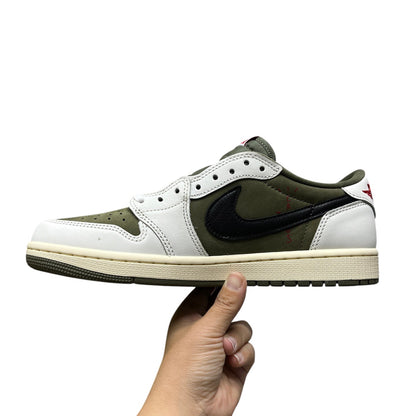 Luxury Chef Air Jordan 1 Travis Scott low-top sneakers in olive green, white, and black with a cream sole.