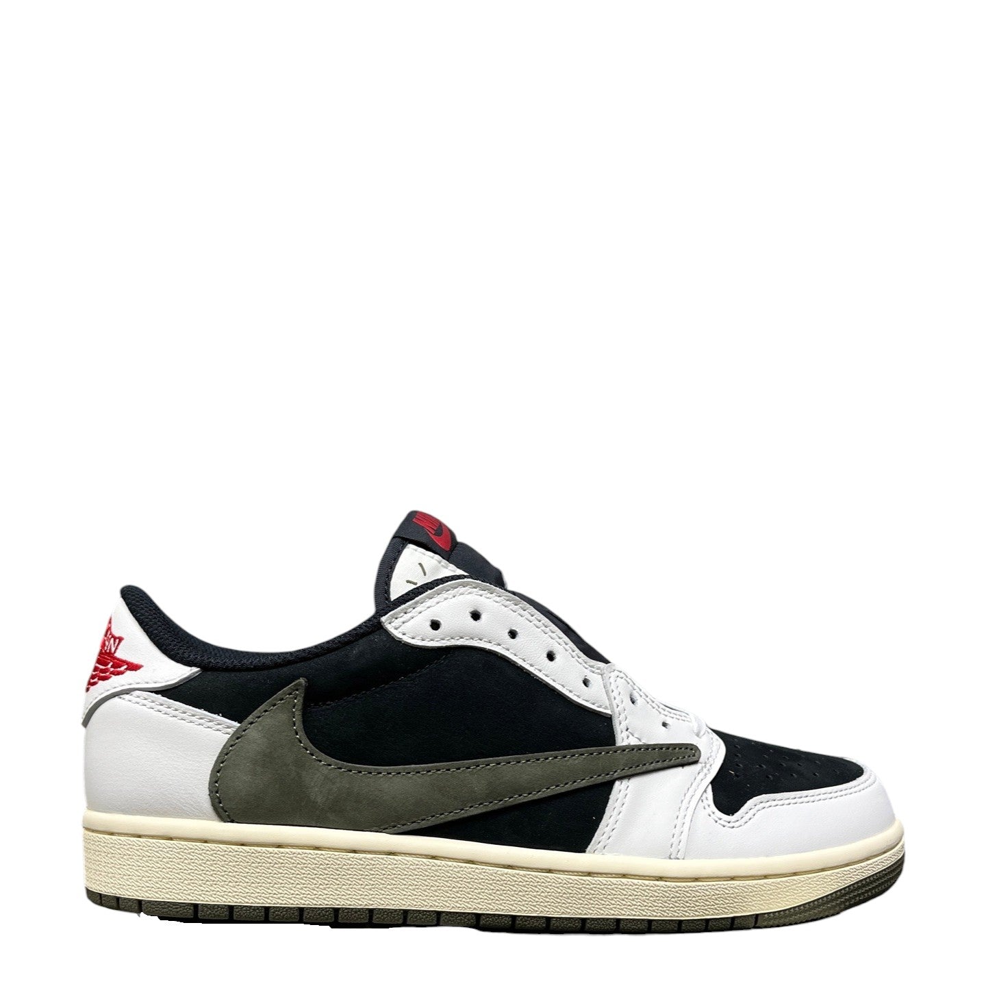Luxury Chef Air Jordan 1 Low Travis Scott sneakers in black, white, and olive green with red accents.