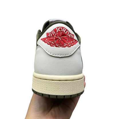 Luxury Chef Air Jordan 1 Travis Scott low-top sneakers in white and olive green with red Air Jordan logo on heel.
