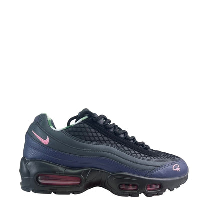 Luxury Chef Air Max 95 Corteiz sneakers in black, navy, and pink with mesh and leather details.