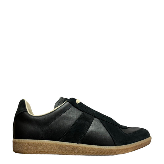 Luxury Chef black leather and suede low-top sneakers with a gum sole and beige lining.