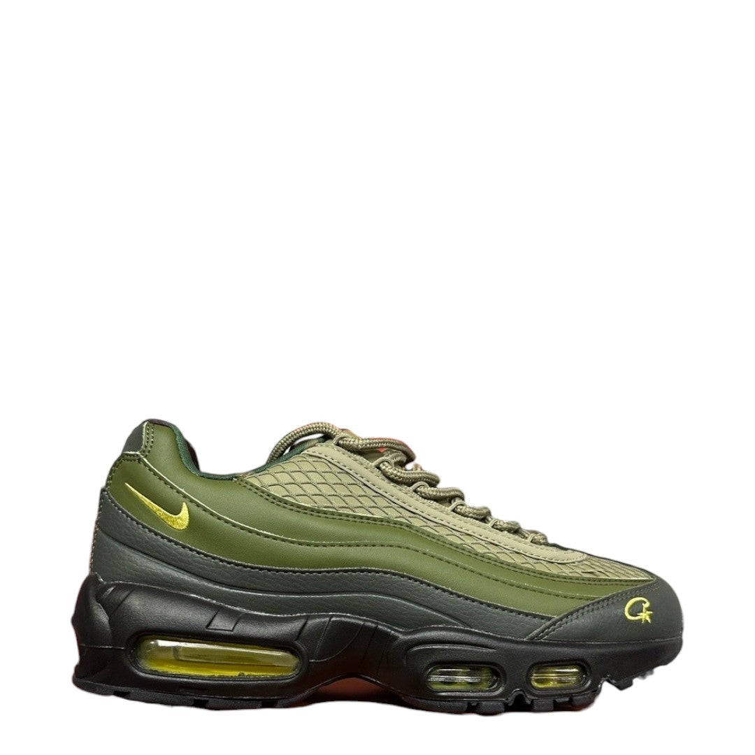 Luxury Chef Nike Air Max 95 Corteiz sneakers in olive green and black with yellow accents and air cushioning.