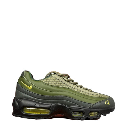 Luxury Chef Nike Air Max 95 Corteiz sneakers in olive green and black with yellow accents and air cushioning.
