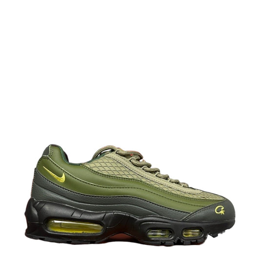 Luxury Chef Nike Air Max 95 Corteiz sneakers in olive green and black with yellow accents and air cushioning.