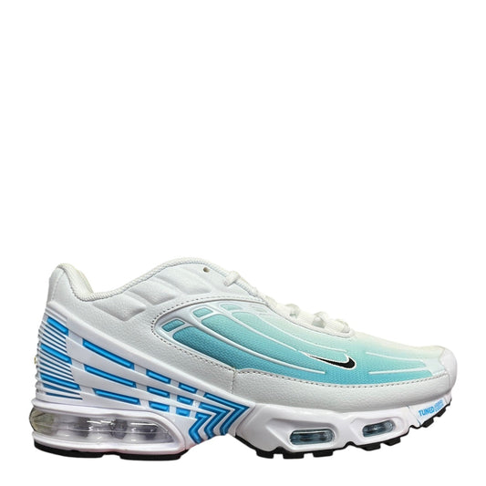 Luxury Chef Nike Air Max Plus III white and blue gradient athletic sneakers with visible air cushioning.