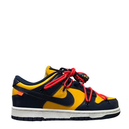 Luxury Chef Nike Dunk Low Off-White yellow and navy leather sneakers with red laces and white sole.