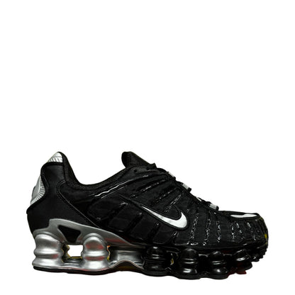Luxury Chef Nike Shox TL black and silver men's athletic shoes with white Nike swoosh. Unique Shox cushioning.