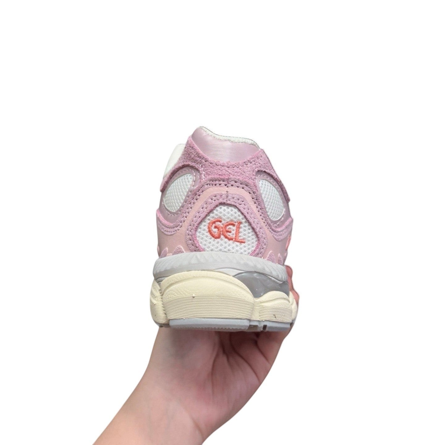 Luxury Chef pink and white mesh and suede athletic sneakers with GEL branding on heel.