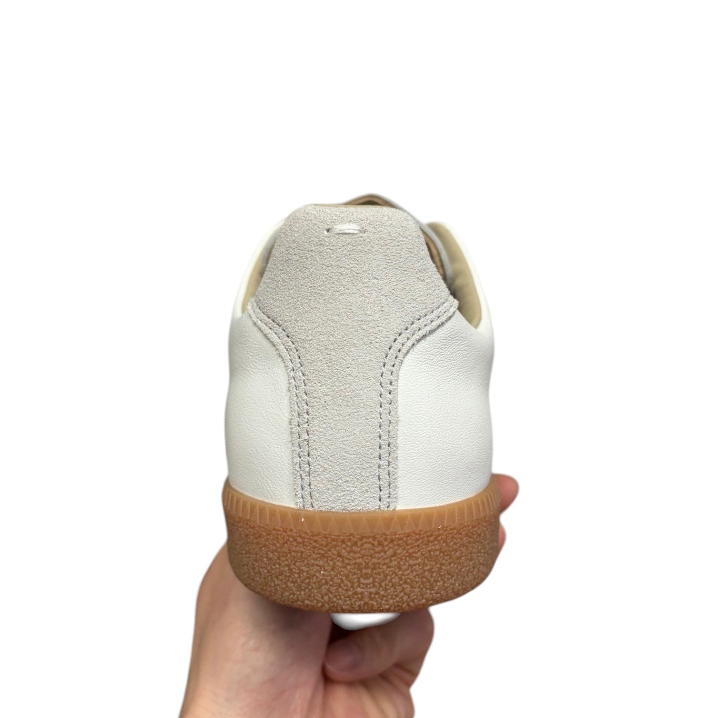 Luxury Chef white leather sneakers with grey suede heel tab and gum sole.