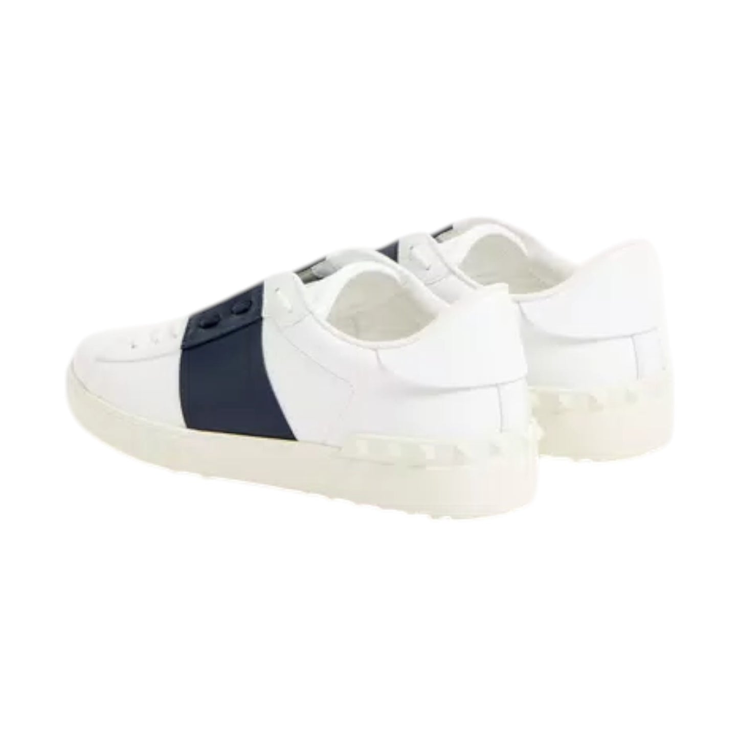 Luxury Chef white leather sneakers with navy blue stripe and signature stud detailing on the sole.
