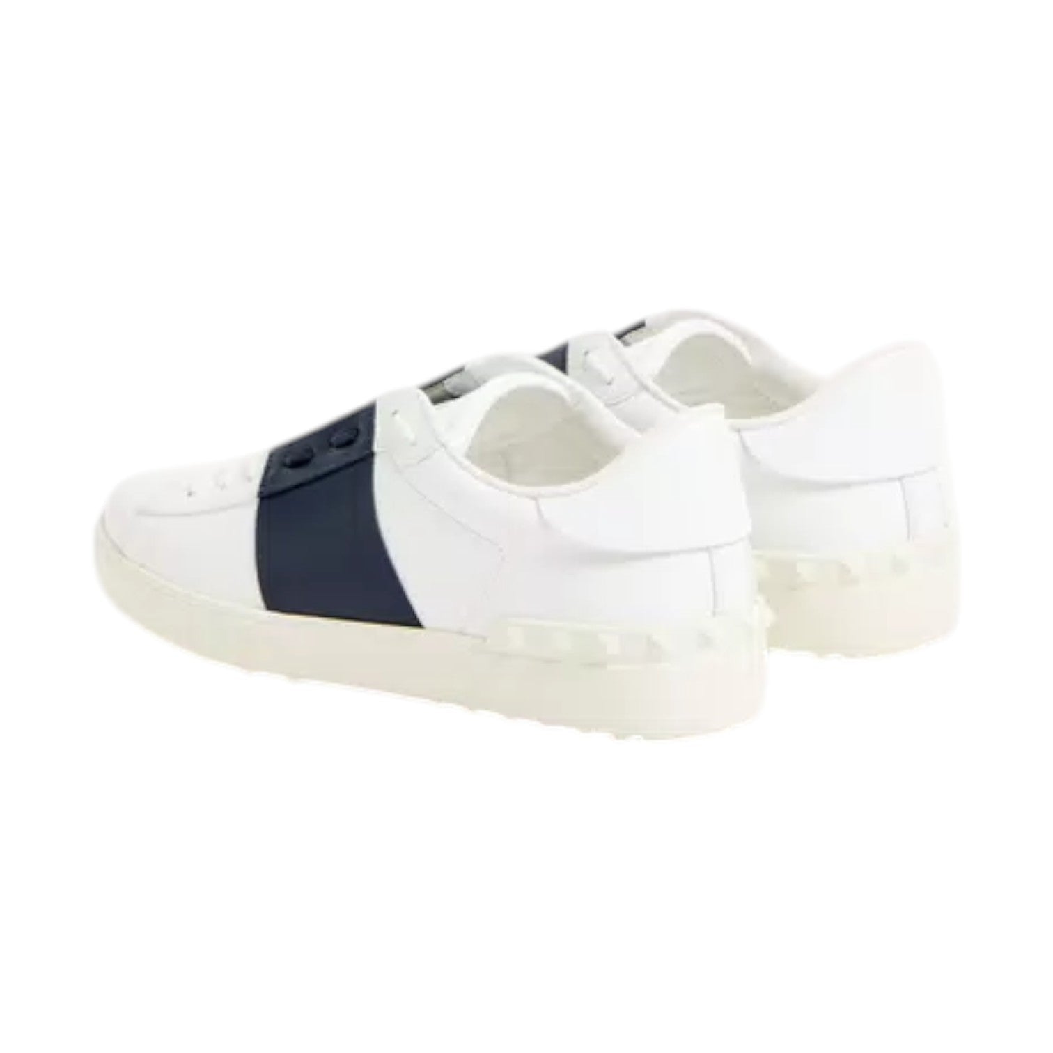 Luxury Chef white leather sneakers with navy blue stripe and signature stud detailing on the sole.