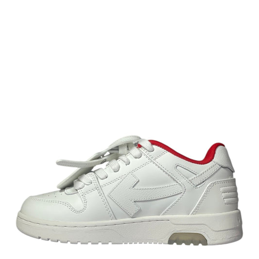 Luxury Chef white leather low-top sneakers with red trim and signature arrow logo.