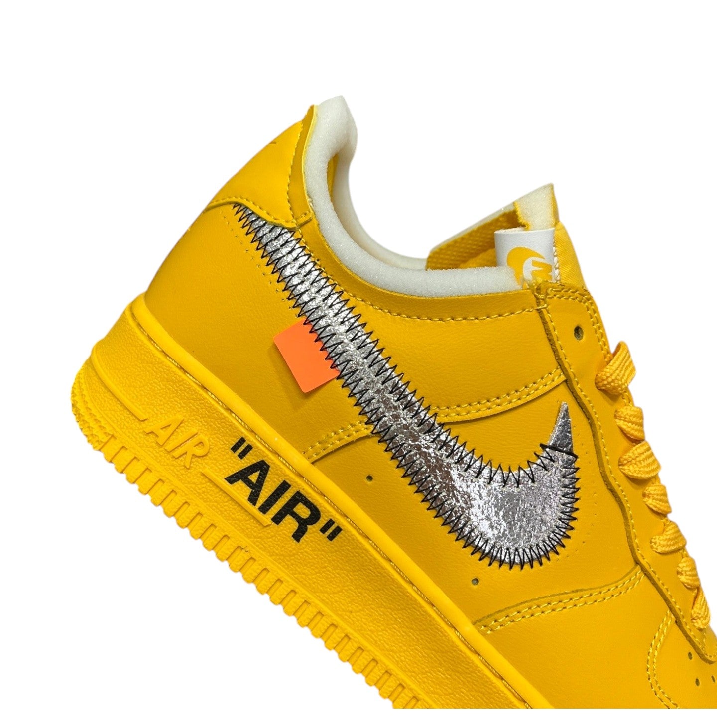 Luxury Chef yellow leather Nike Air Force 1 Off-White sneakers with silver swoosh and "AIR" text on midsole.