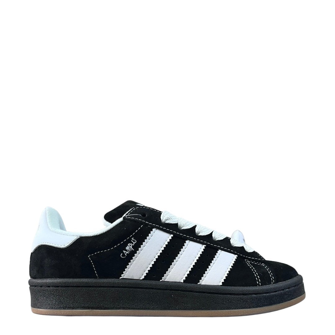 Luxury Chef Adidas Campus 00s black suede sneakers with white stripes and laces, gum sole.