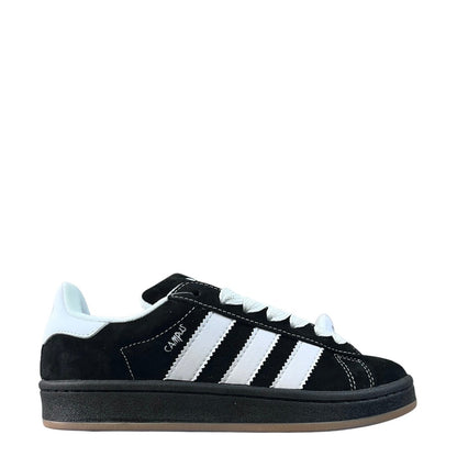 Luxury Chef Adidas Campus 00s black suede sneakers with white stripes and laces, gum sole.