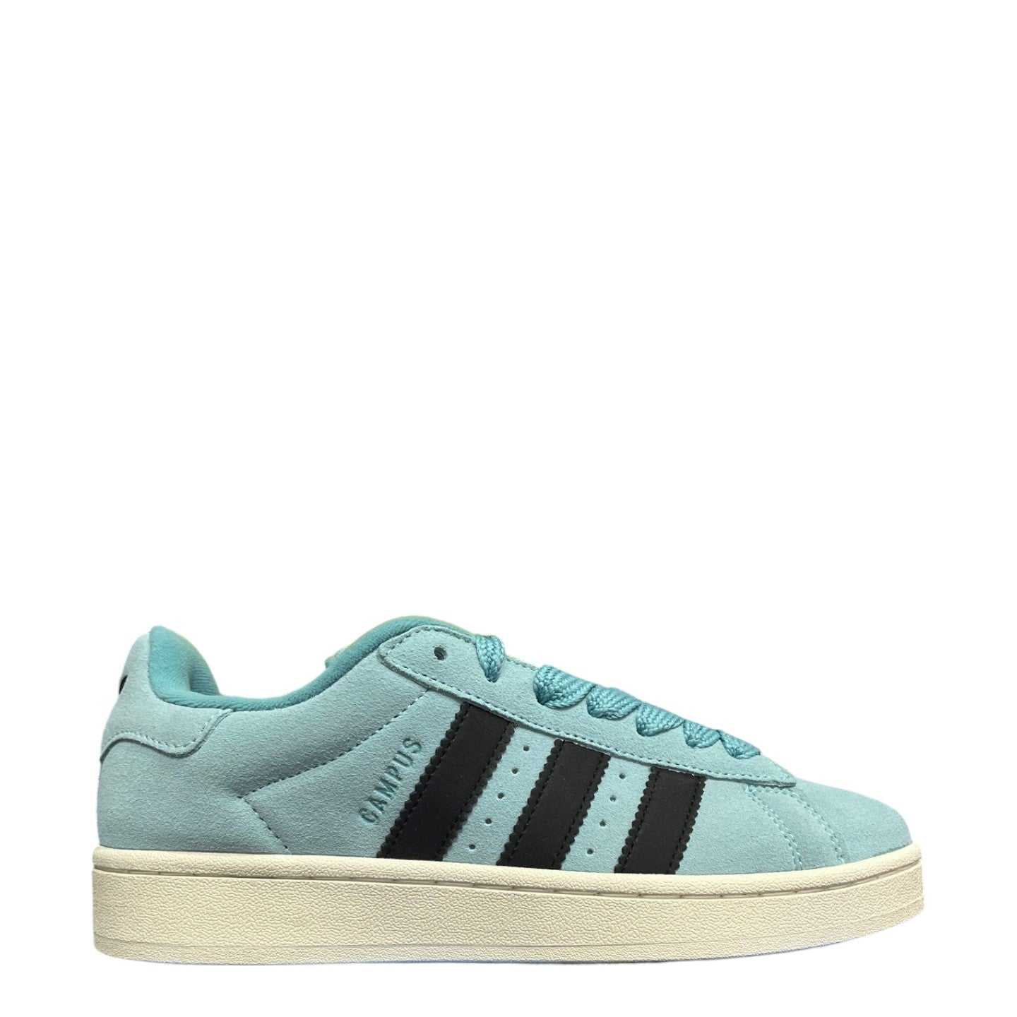 Luxury Chef Adidas Campus 00s light blue suede sneakers with black stripes and cream sole.