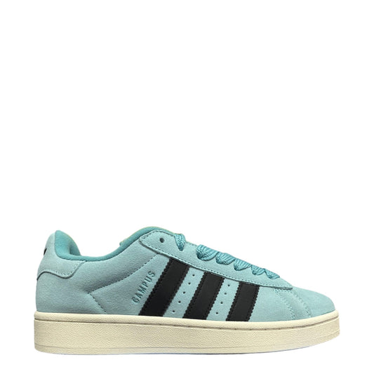 Luxury Chef Adidas Campus 00s light blue suede sneakers with black stripes and cream sole.