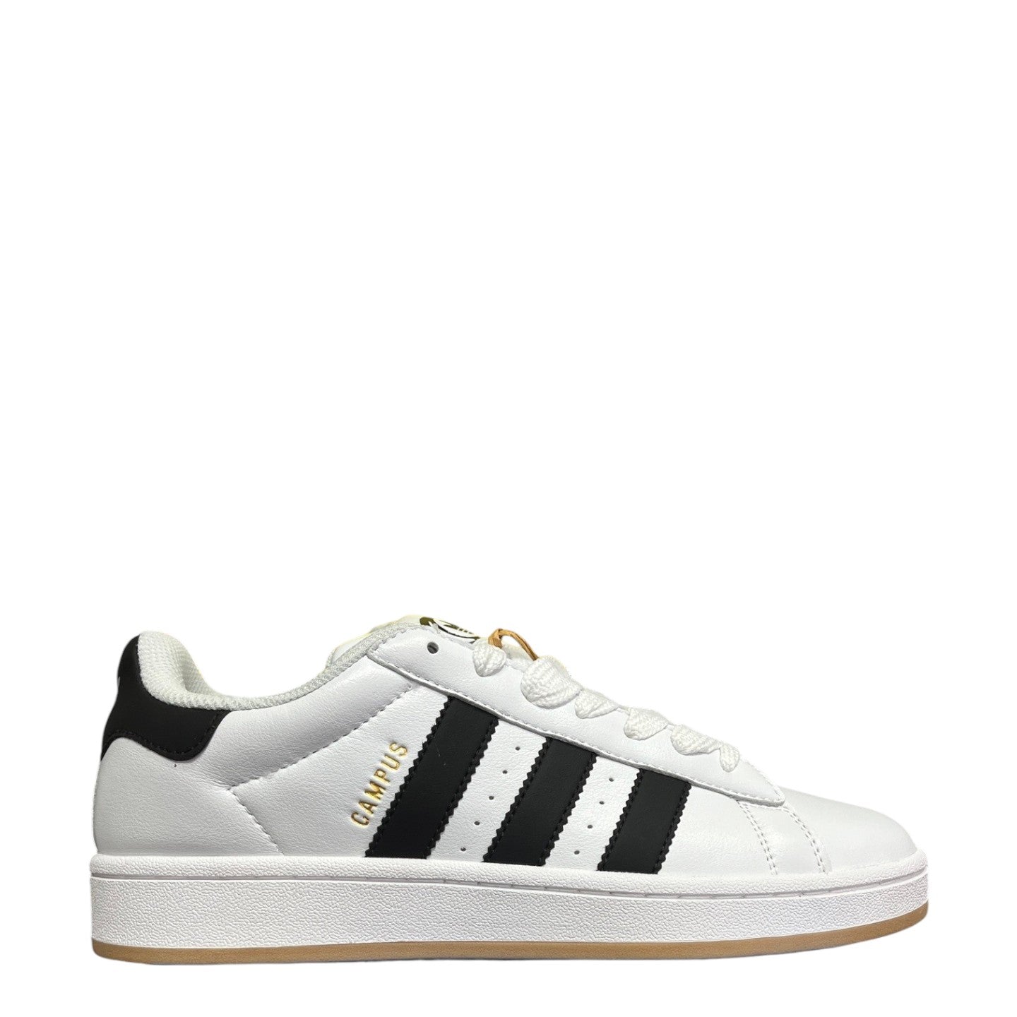 Luxury Chef Adidas Campus 00s white leather sneakers with black stripes and gold lettering.
