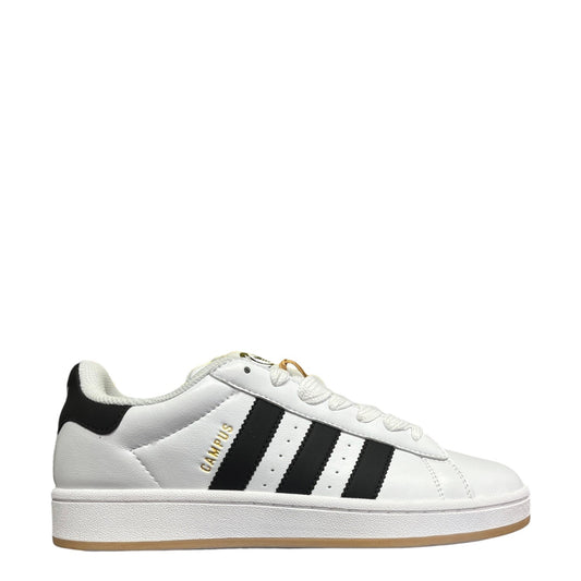Luxury Chef Adidas Campus 00s white leather sneakers with black stripes and gold lettering.