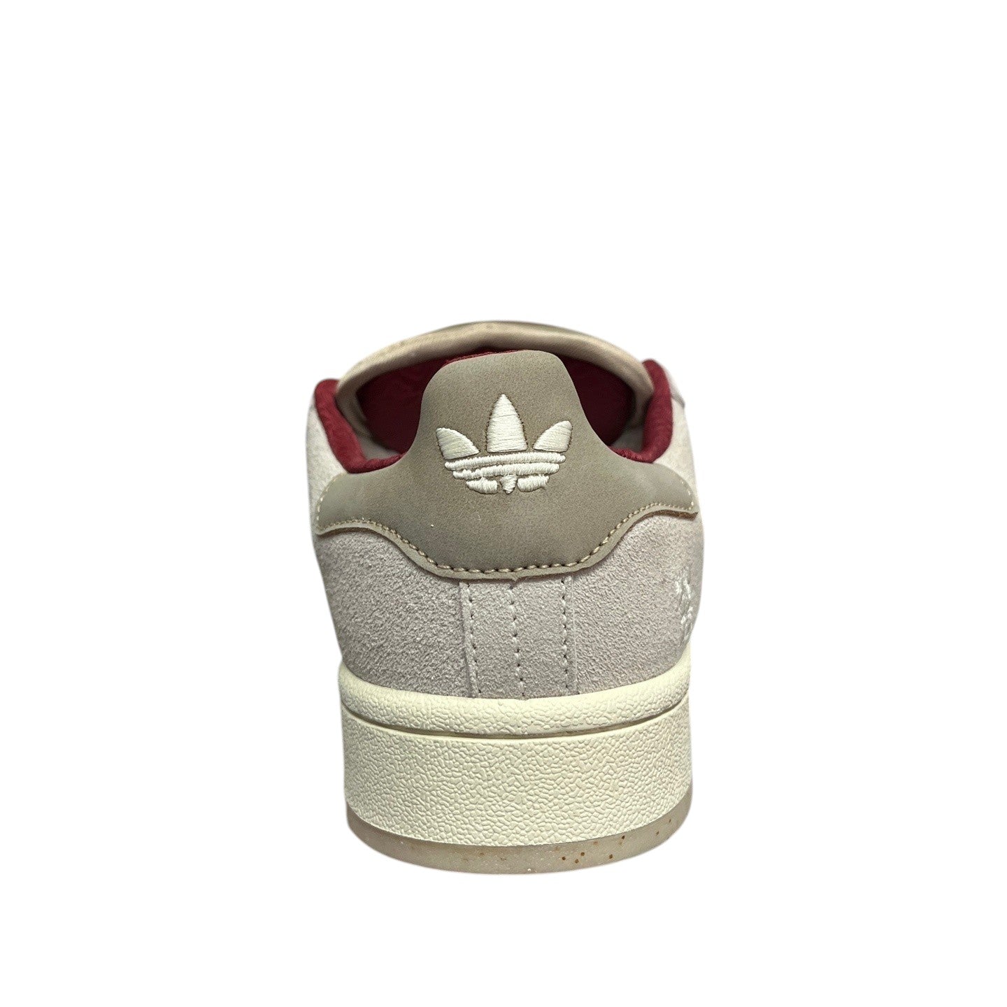 Luxury Chef Adidas Campus beige suede sneakers with maroon trim and cream sole. Adidas trefoil logo on heel.