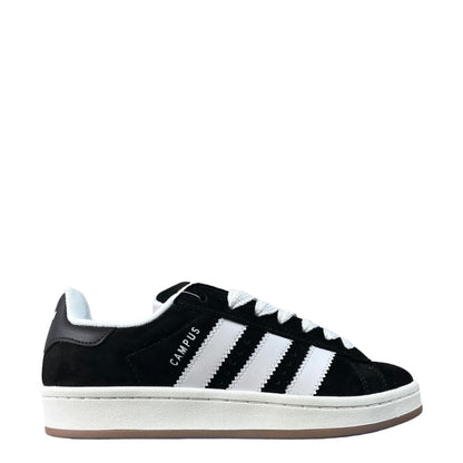 Luxury Chef Adidas Campus black suede sneakers with white stripes and laces, gum sole.